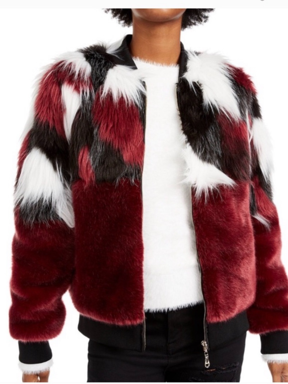 Faux Fur Colorblock Bomber Jacket - Burgundy/White/Black